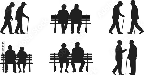 Elderly people silhouettes collection, senior men and women walking with cane and sitting on bench, black shadow illustration set