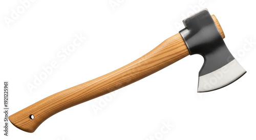 A sharp axe with a wooden handle on transparent background