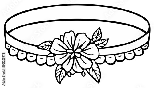 Hand-drawn outline of a choker necklace with a large floral embellishment and scalloped trim