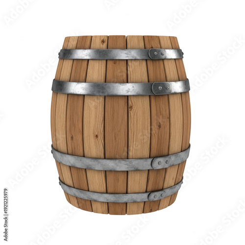 A wooden barrel with metal bands on transparent background