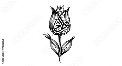 This rose flower line art illustration represents beauty, romance, elegance, and natural grace through a refined botanical drawing style. The artwork features a detailed blooming rose with leaves and 
