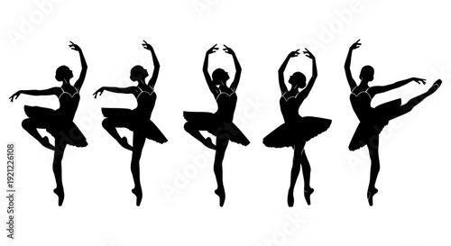 five elegant ballerina silhouettes dancing in classical ballet poses on a white background ideal for artistic performance design