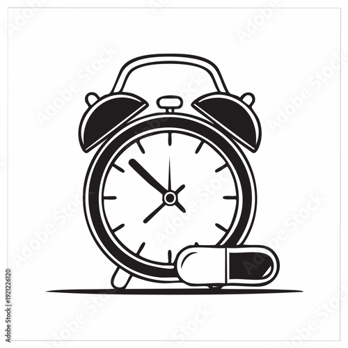 Alarm clock and pill vector illustration, concept of medication time and health.