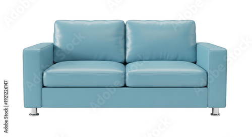 A light blue leather sofa on transparent background