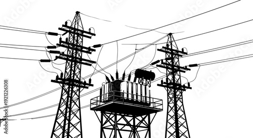 electricity pylons and a power transformer station silhouette conveying vital industrial energy transmission infrastructure and grids.