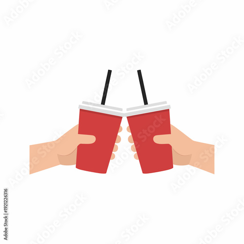 Two hands clinking red disposable cups with straws together in a toast