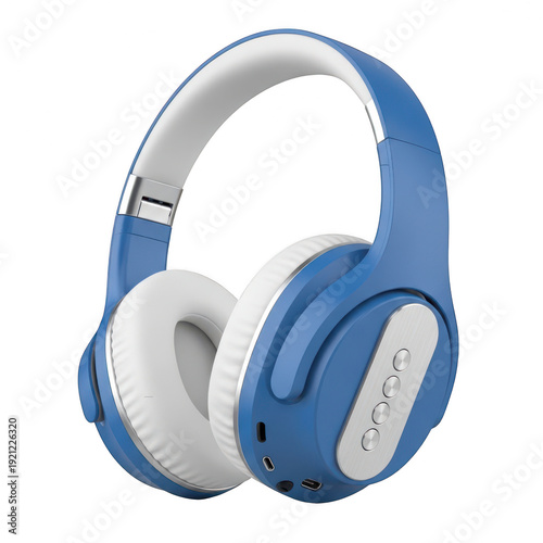 A pair of blue and white headphones on transparent background