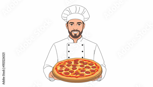 A chef proudly holding a freshly baked pizza in a kitchen environment from a front view