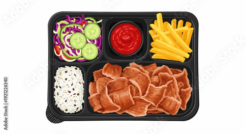 Assorted food items arranged on a black plastic tray with ketchup, salad, fries, rice, and meat displayed neatly from a top-down viewpoint.