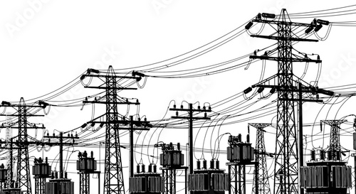 electricity pylons and power lines creating a dense silhouette of a modern power grid against a white background symbolizing vital energy infrastructure.