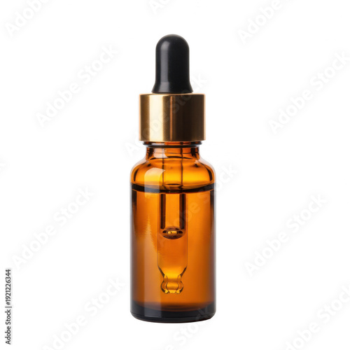 A dropper bottle of amber liquid on transparent background