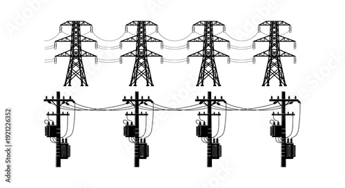electricity pylons and utility poles showing power transmission and distribution networks essential for the modern energy grid.