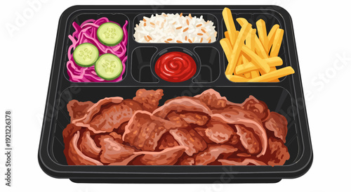 A meal tray with doner kebab, fries, salad, and sauce, viewed from directly above.