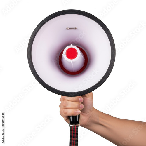 A hand holding a red and white megaphone on transparent background