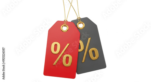 Two discount tags with percentage signs on transparent background