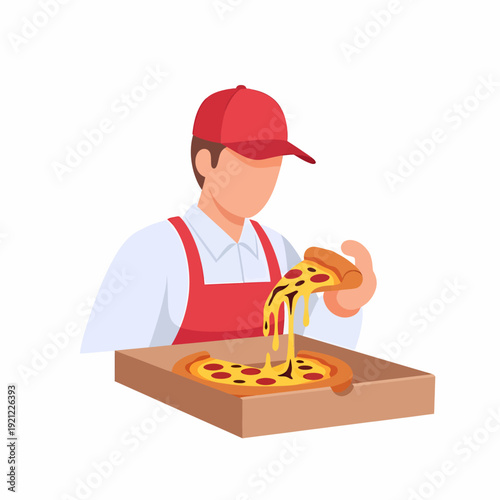 Delivery man holding a hot cheesy pizza in a cardboard box, viewed from the front