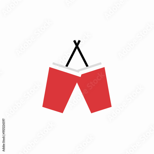 Red shorts hanging on a clothes hanger, viewed from the front, displaying a casual summer clothing item