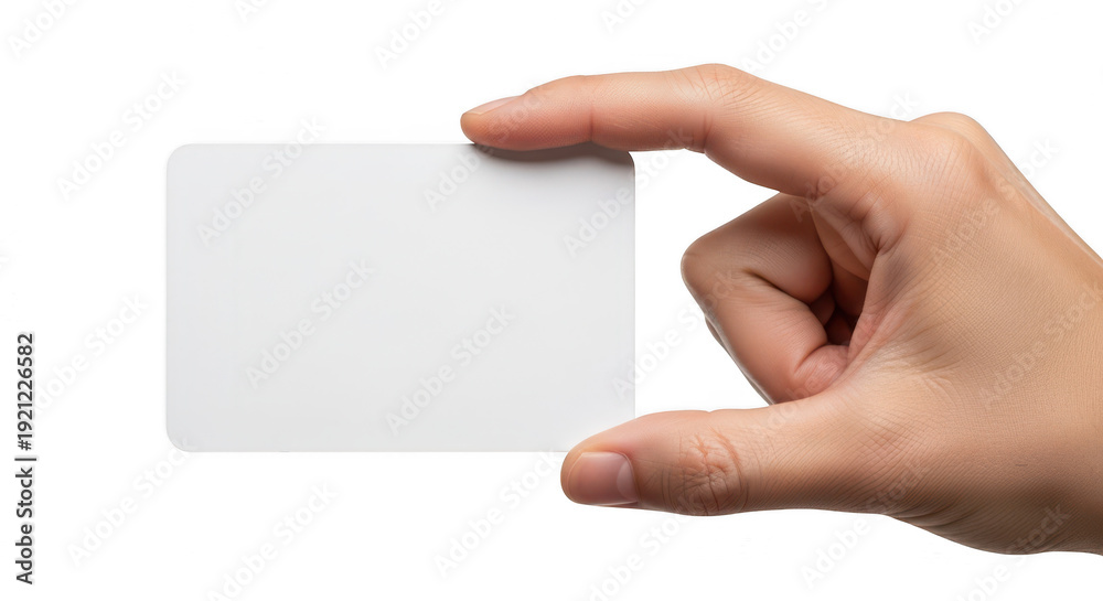 Obraz premium A hand holding a blank white card on transparent background