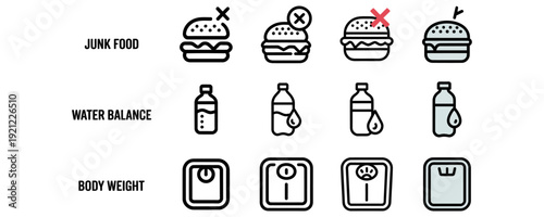Minimalist modern absract concept icons of junk food water balance and body weight  symbols for healthy lifestyle concepts