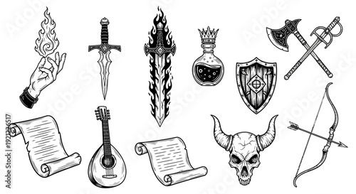 fantasy rpg game icons set a vintage black and white vector collection of medieval weapons magic and adventure items perfect for tabletop dd campaigns and mythical storytelling.