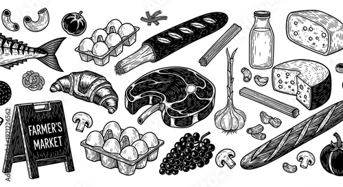 farmers market food illustration a rustic seamless pattern of fresh produce dairy meat and baked goods for food branding.