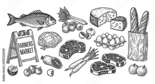 farmers market food collection vintage engraved style with fish vegetables fruits meat cheese eggs bread promoting healthy eating.