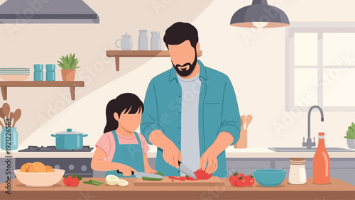 father and daughter chopping vegetables in kitchen illustrating family bonding shared activity and healthy cooking.
