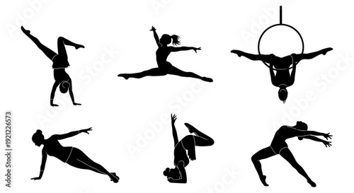 female athlete silhouettes performing dynamic acrobatic gymnastic and dance poses showing flexibility and strength for fitness.