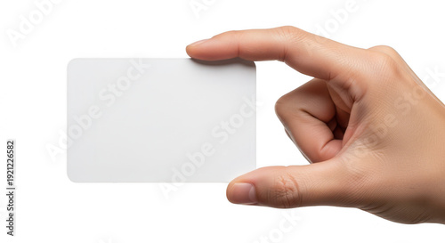 A hand holding a blank white card on transparent background