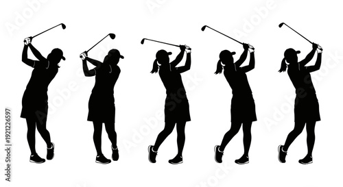 female golfers demonstrating a dynamic golf swing sequence in silhouette on a white background illustrating athleticism.