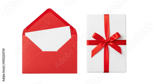 A red envelope and a white gift box with a red ribbon on transparent background