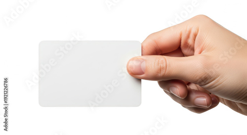 A hand holding a blank white card on transparent background