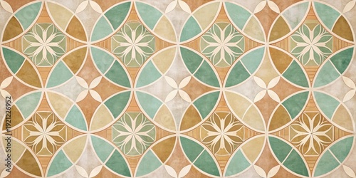 Elegant Geometric Pattern Featuring Interlocking Circles and Floral Motifs in Earthy Tones