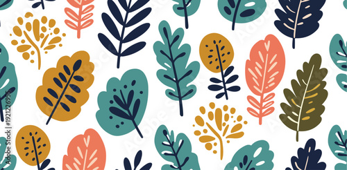 Colorful illustration of various leaves on white background in autumn hues