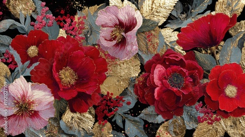 Opulent floral arrangement with gold leaf texture