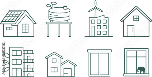 Sustainable house and green building line icons set, solar energy water tank wind power eco home vector collection