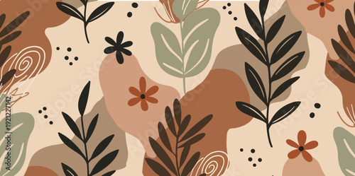 Abstract composition with overlapping shapes in various earthy tones and colors