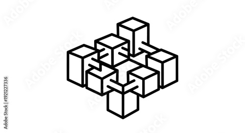 This abstract cube structure illustration represents logic, problem solving, and modern design thinking through a geometric visual composition. The artwork features interconnected cubes forming a comp