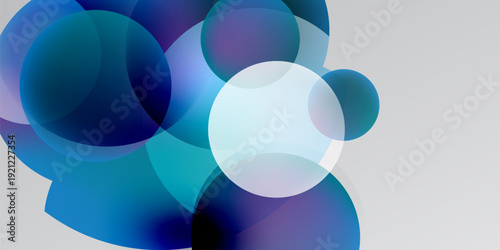 Abstract composition featuring overlapping circles. Shades range from deep blues to pale whites, creating fluid forms. Minimalist design.