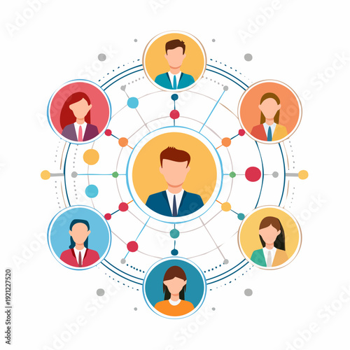 Teamwork and collaboration with a network of connected people in a business setting