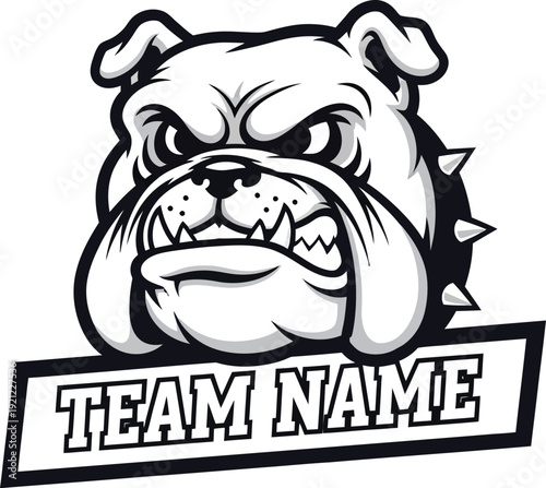 A fierce bulldog logo with a spiked collar and a bold team name banner