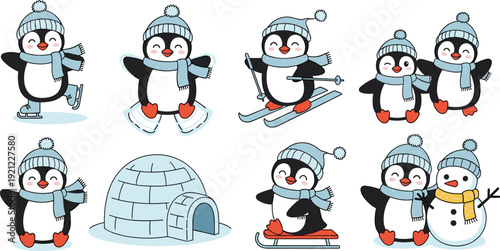 Cute Penguin Character Set with Winter Activities Including Ice Skating, Skiing, Sledding, Igloo, and Snowman for Christmas Cards and Seasonal Holiday Designs