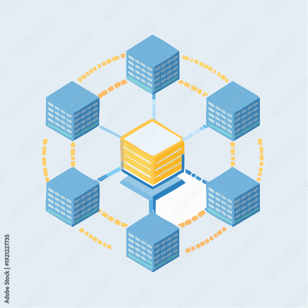 Fototapeta premium Decentralized network architecture with interconnected data cubes and central server