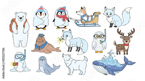 Arctic Animals' Winter Adventure: A whimsical illustration showcases a collection of arctic animals, each ready for winter adventures with cozy attire and engaging expressions.