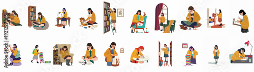 Illustrations of women enjoying reading, writing, and organizing books in cozy, studious settings, celebrating literary life and personal reflection.
