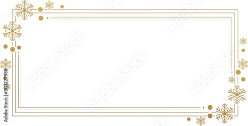 A gold rectangular frame with snowflakes and dots on a white background for winter design