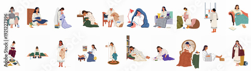 Woman seeking comfort and self-care at home, dealing with illness, fatigue, and emotional distress in various domestic settings.