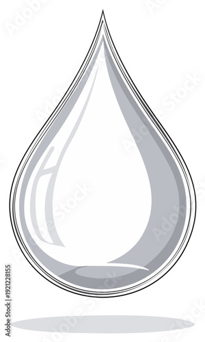 Monochrome liquid drop vector illustration with shiny reflections and shadow