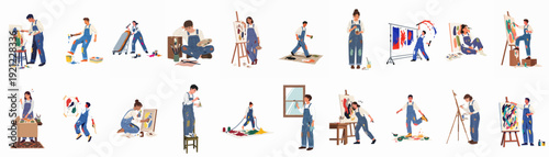 A collection of diverse artists engaged in painting, showcasing the creative process, struggles, and joy of art creation.