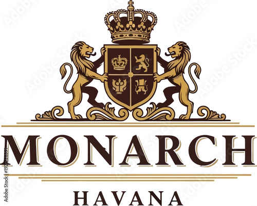 A luxurious logo for Monarch Havana featuring a crown and shield